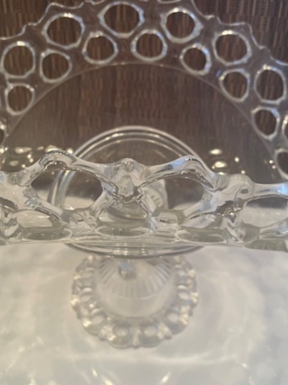 Vintage Clear Glass Pedestal Dish Lace Edge Openwork Rim